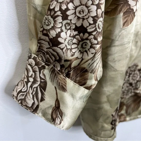Vintage tan brown floral satin long sleeve top blouse - Picture 9 of 12